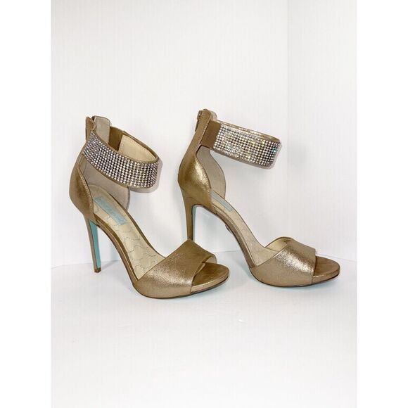 Betsey Johnson Formal Heels Rhinestone Ankle Strap Stiletto Gold Prom Wedding 9M - Picture 3 of 15